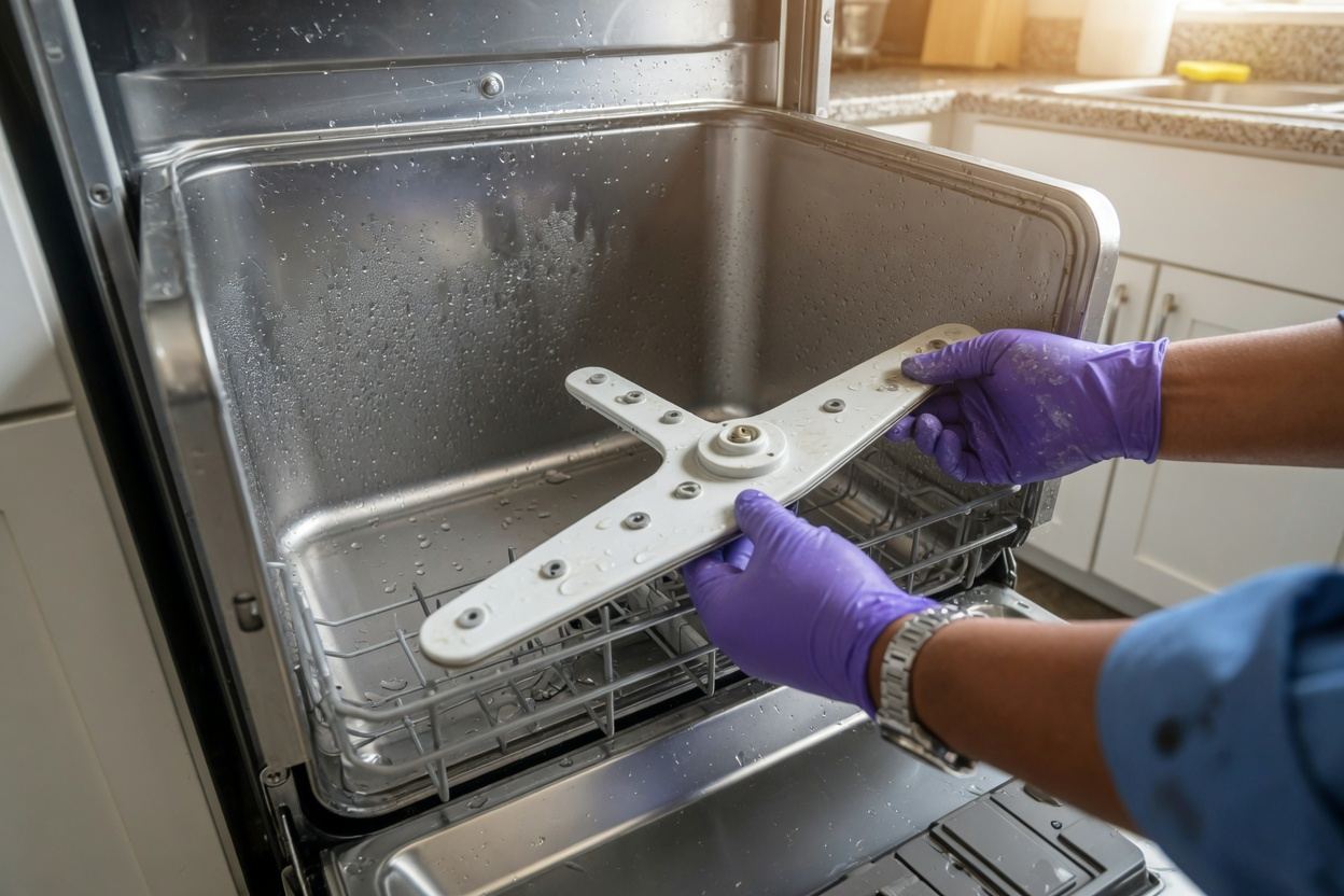 Technician repairing an open dishwasher in a kitchen