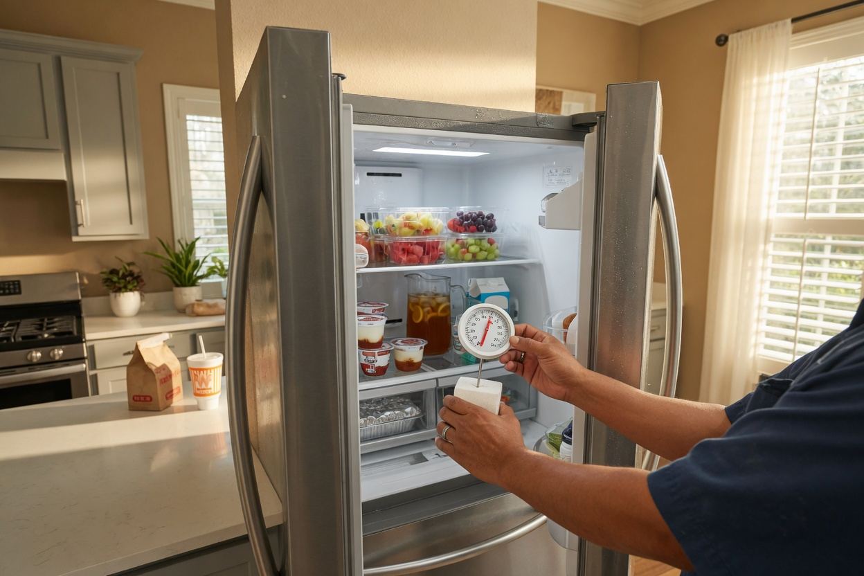 Technician checking a stainless steel refrigerator in a Houston kitchen