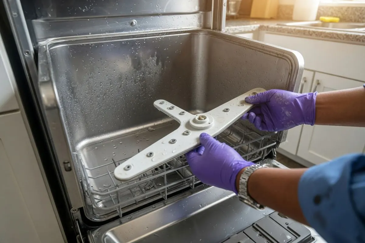 Technician replacing a dishwasher spray arm in a Cypress home