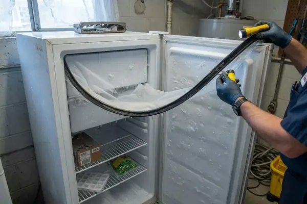 Technician cleaning freezer coils during an appliance repair visit in Houston-area
