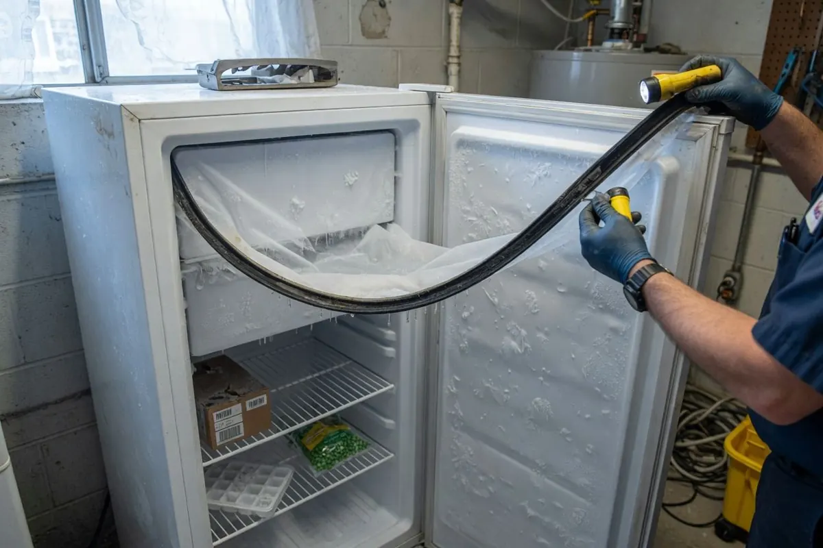 Technician cleaning freezer coils during an appliance repair visit in Humble