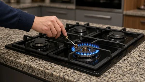 Adjusting a gas cooktop burner flame in a Houston-area kitchen
