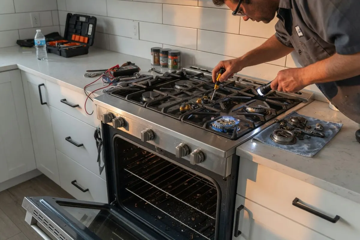Technician repairing a gas range burner in a Montgomery home