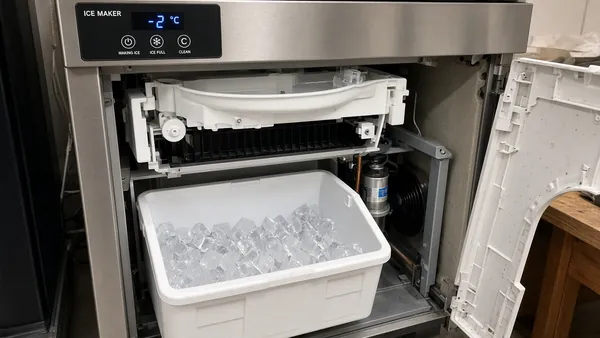 Technician repairing a refrigerator ice maker in a Houston-area home