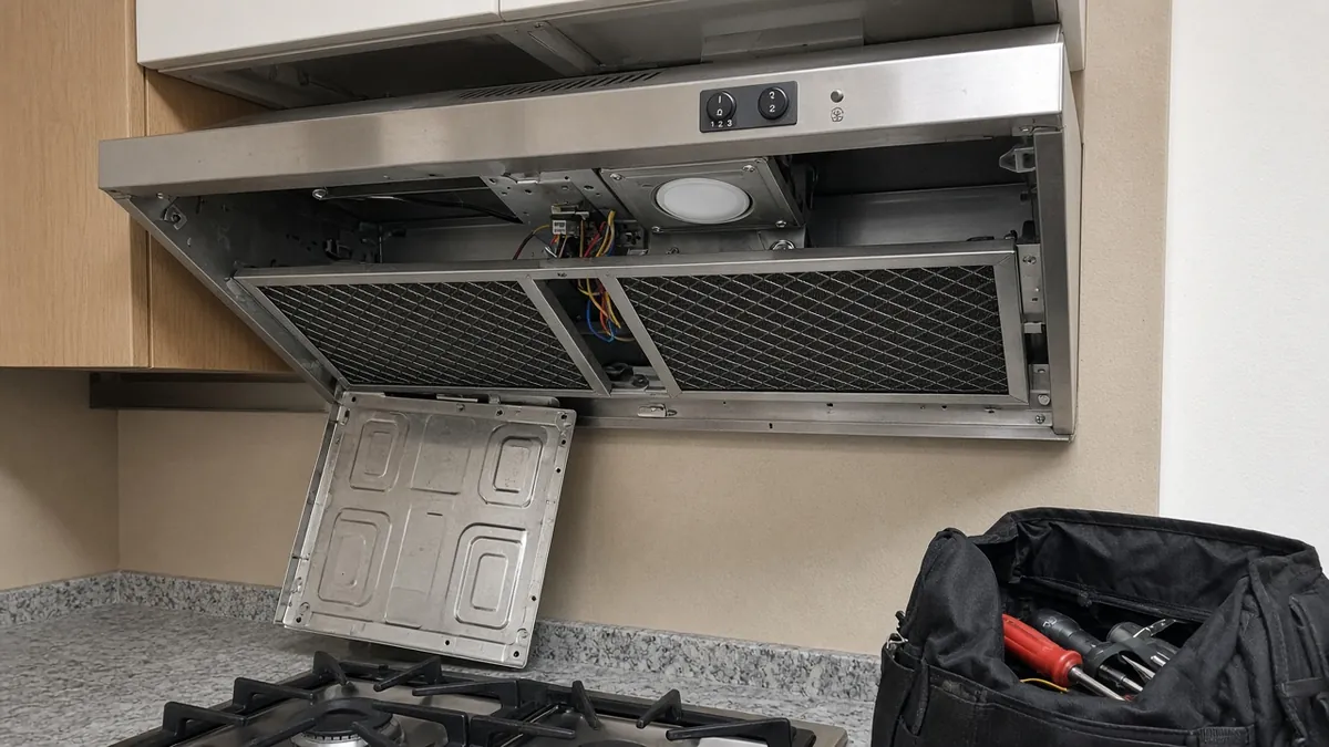 Technician servicing a range hood fan in a Cypress kitchen