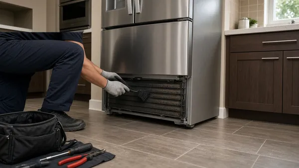 Cleaning refrigerator condenser coils during a repair visit in Houston-area