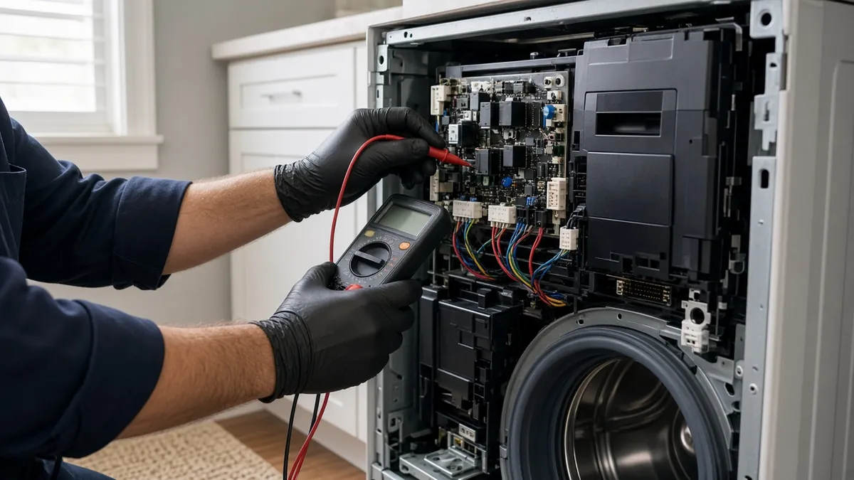 Technician testing a washer control board with a multimeter in a Spring home
