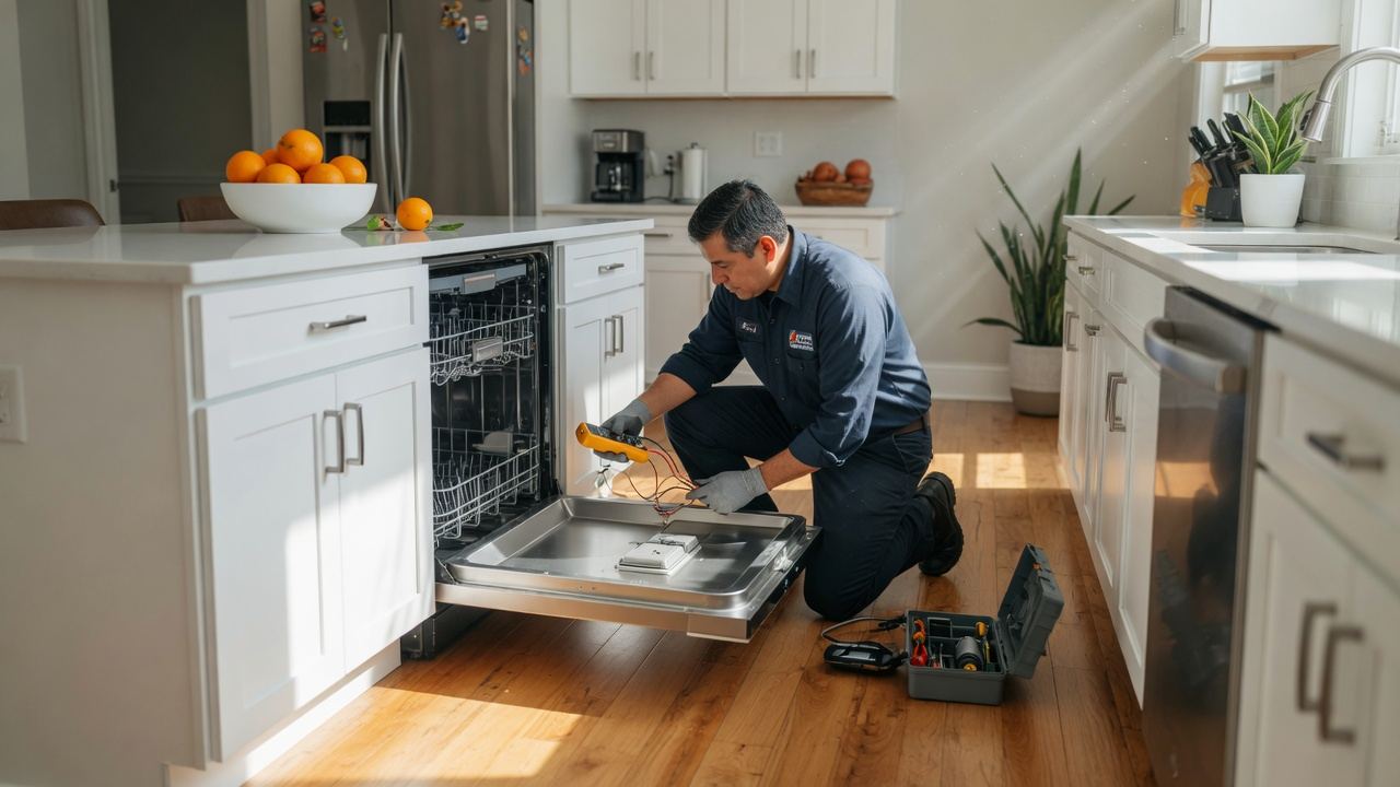 Appliance technician testing a dishwasher in a Houston kitchen