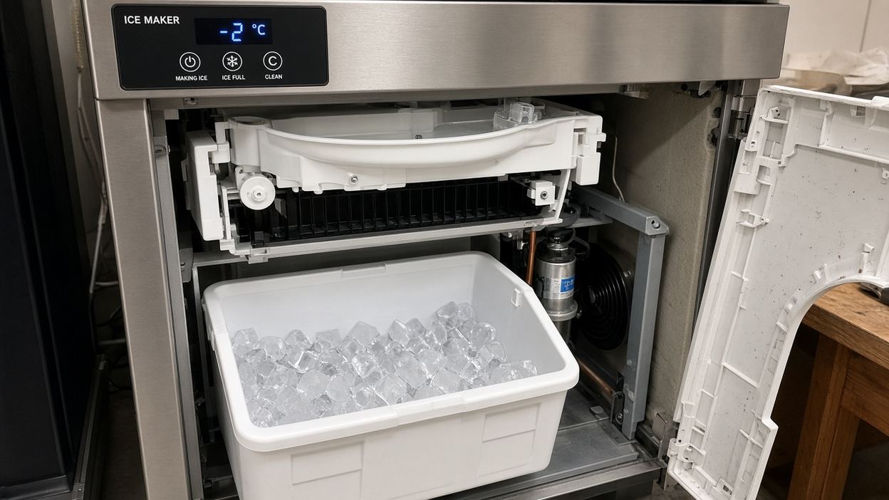 Technician repairing the ice maker inside a refrigerator freezer