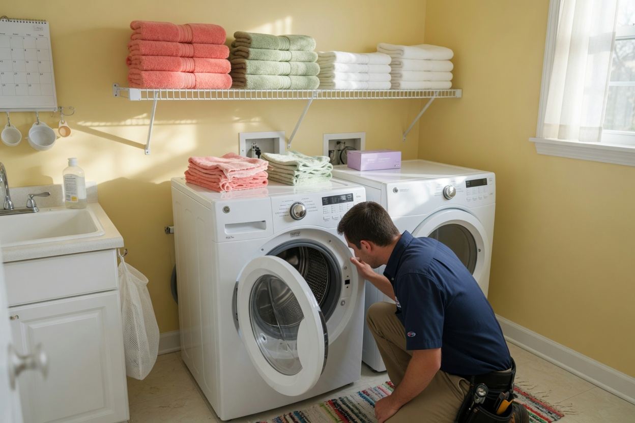 Front-load washer and dryer in a laundry room