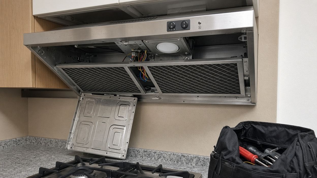 Technician servicing a kitchen range hood fan